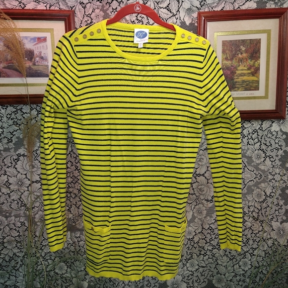 DG2 by Diane Gilman Sweaters - Diane Gilman DG2 yellow blue stripe sweater gold buttons long crew neck pockets